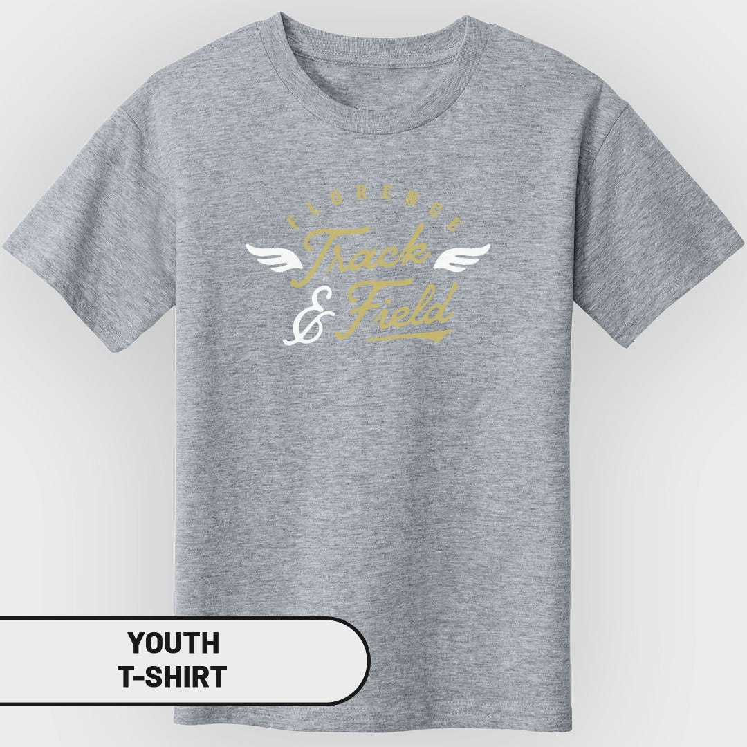 Grey youth t-shirt with "Florence Track & Field" graphic and wings.