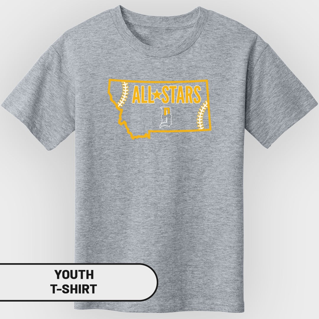 Gray youth t-shirt with "ALL STARS" and Montana outline graphic.