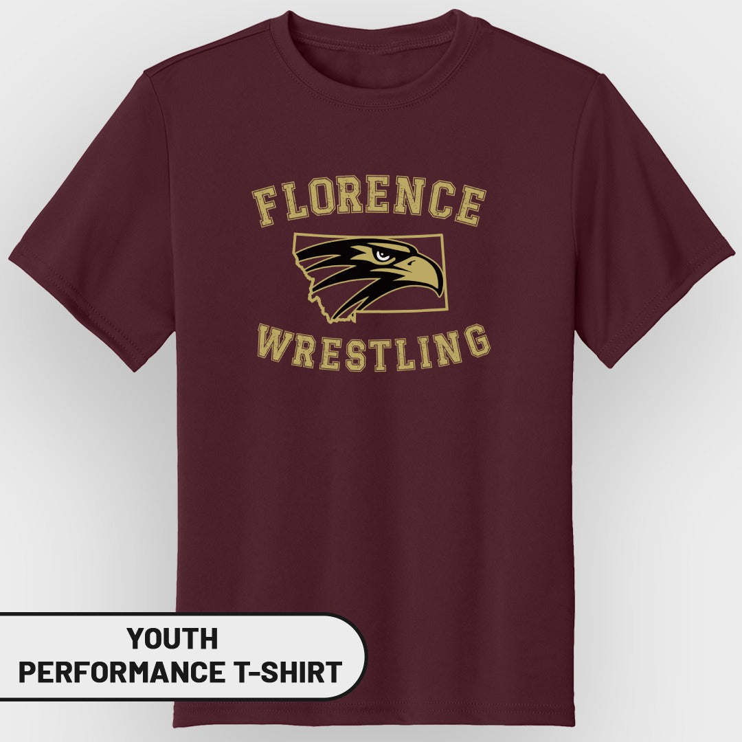 Maroon youth performance t-shirt with "Florence Wrestling" and eagle logo.