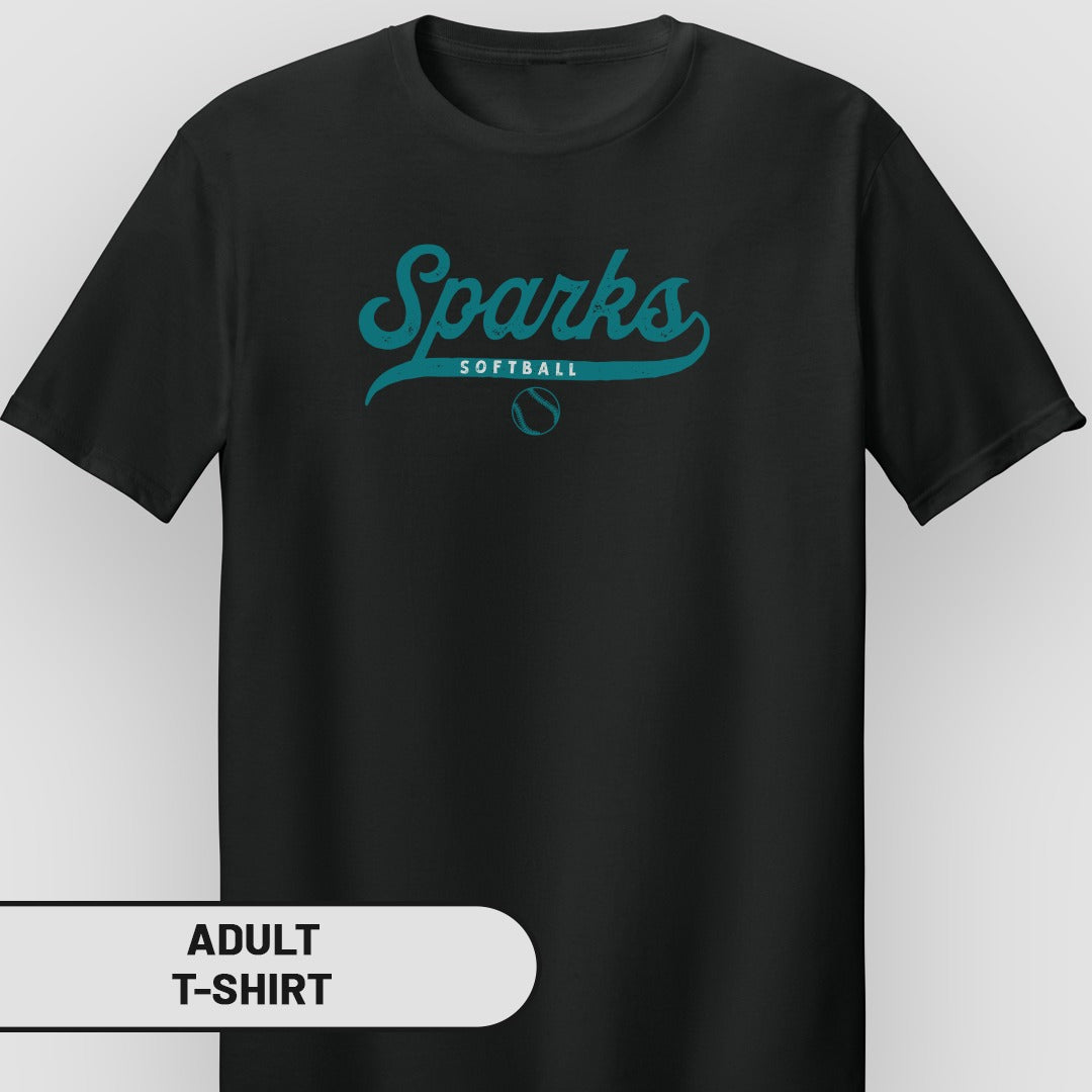 Black adult t-shirt with "Sparks Softball" logo and baseball.