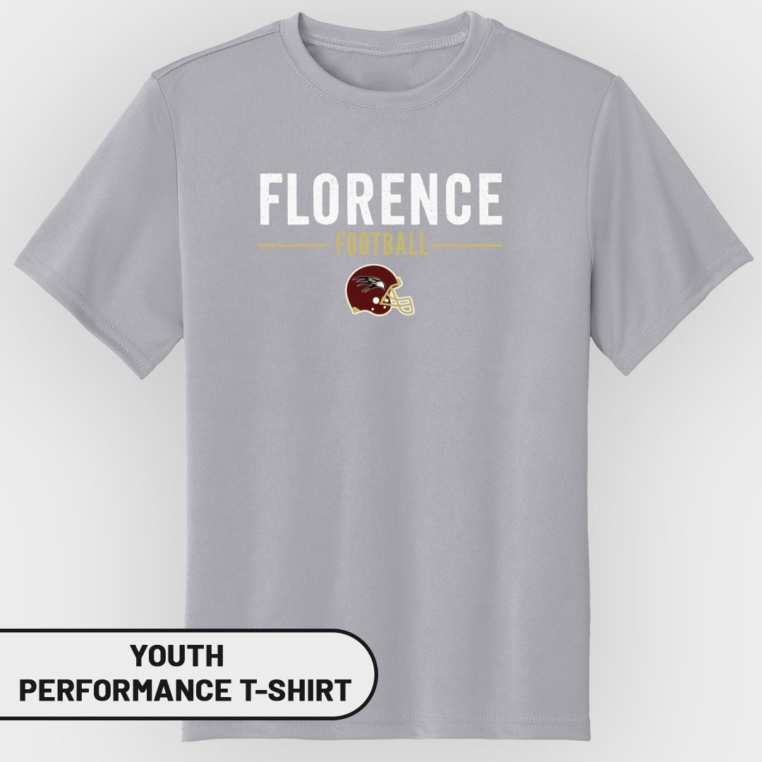 Gray youth performance t-shirt with "FLORENCE FOOTBALL" and helmet graphic.