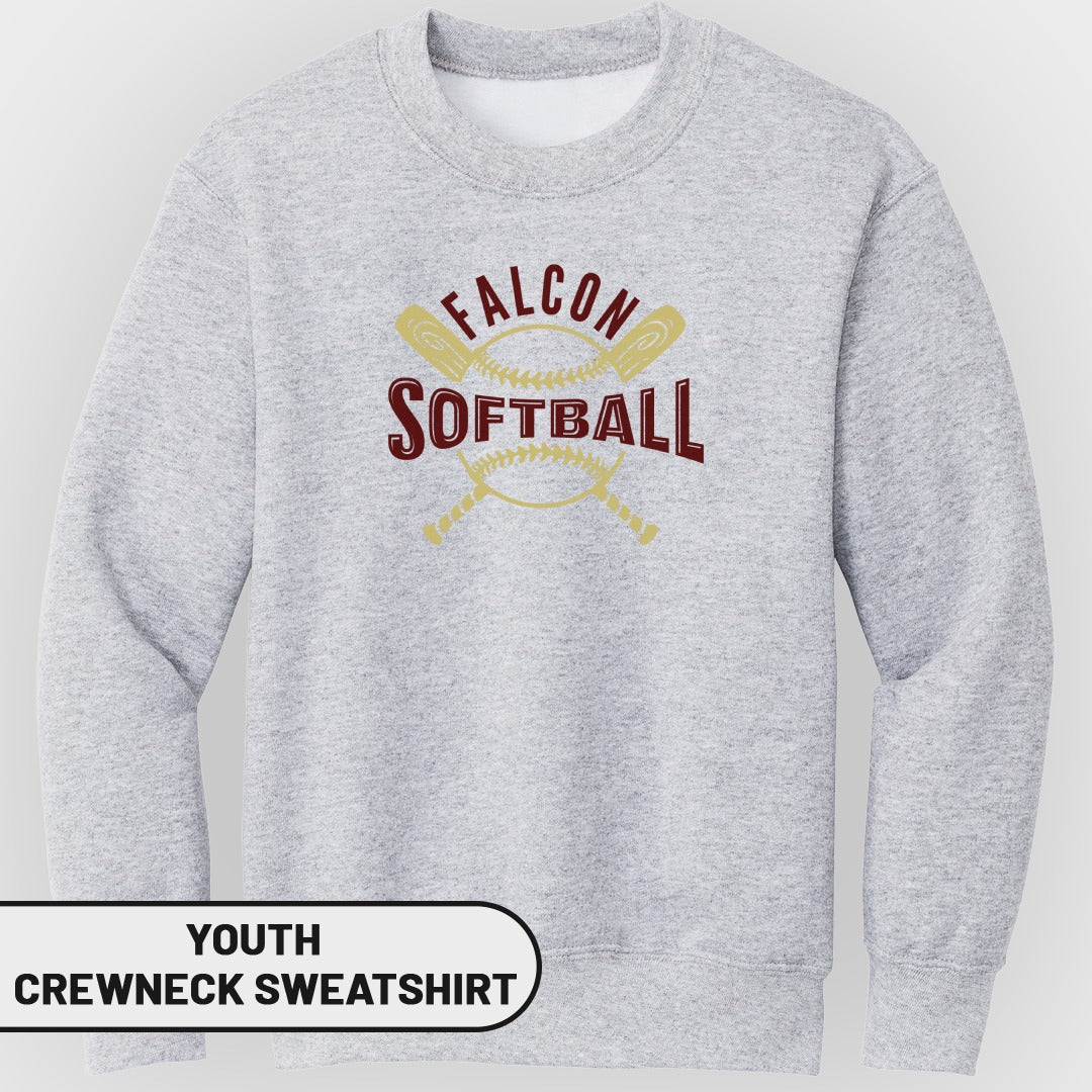Grey youth crewneck sweatshirt with "FALCON SOFTBALL" and baseball graphic.