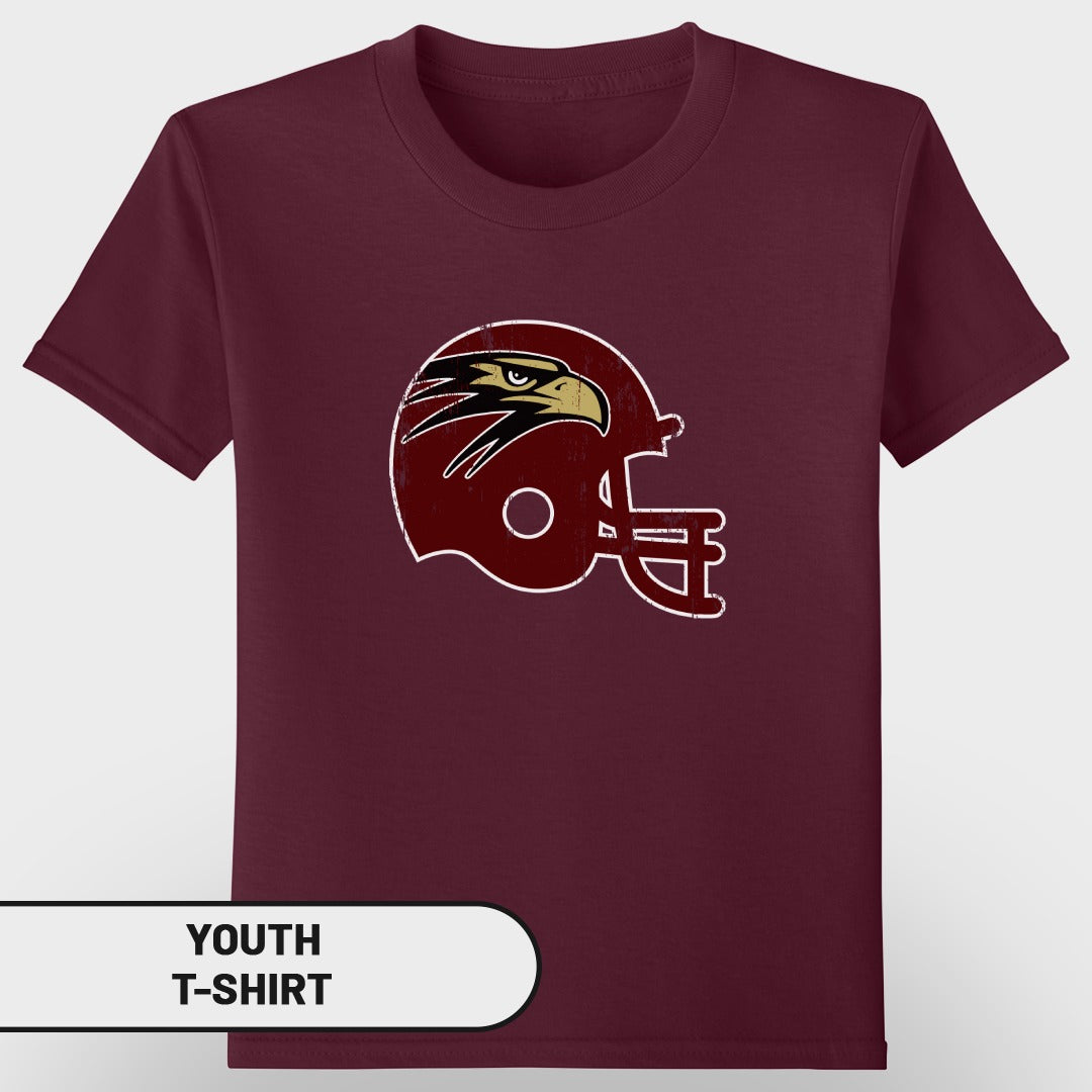 Maroon youth t-shirt with distressed eagle helmet graphic and text.