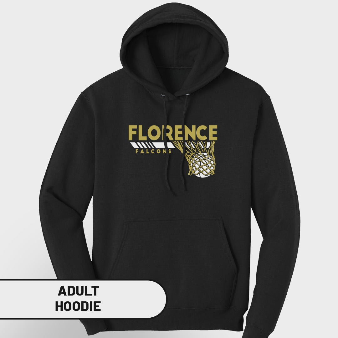 Black adult hoodie with "Florence Falcons" text and basketball net graphic.