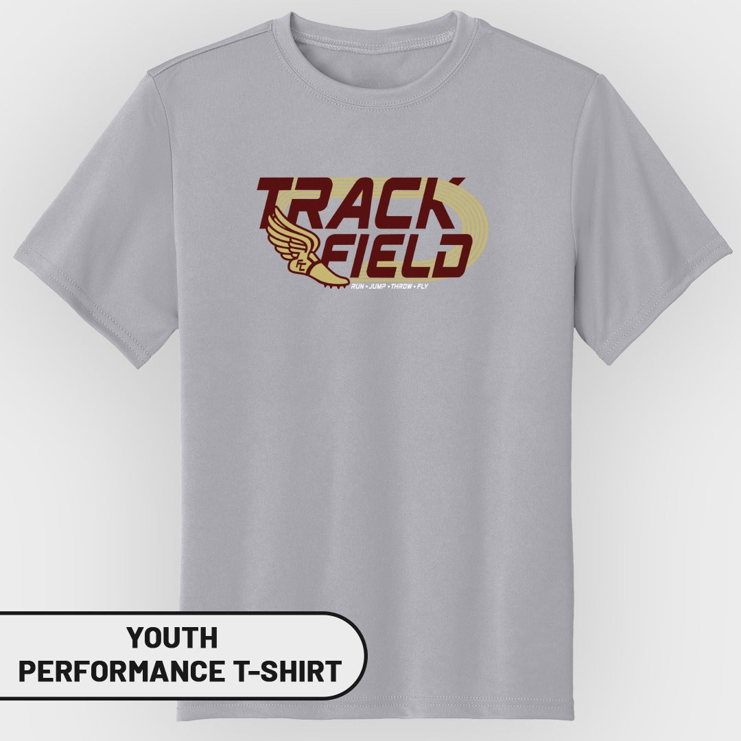 Light gray youth performance t-shirt with "Track Field" graphic and running shoe with wings.