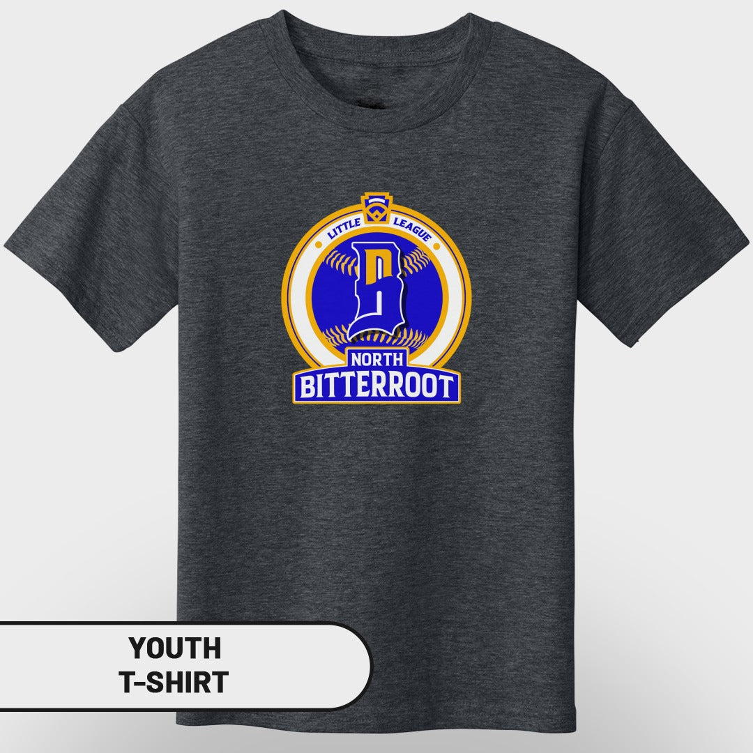 Dark grey youth t-shirt with North Little League Bitterroot logo.