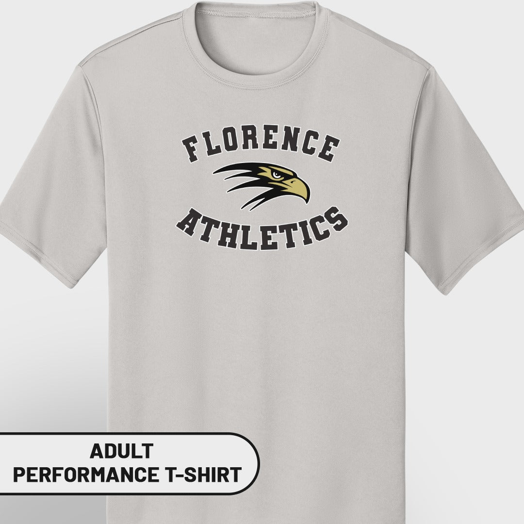 Gray adult performance t-shirt with "Florence Athletics" and eagle logo.