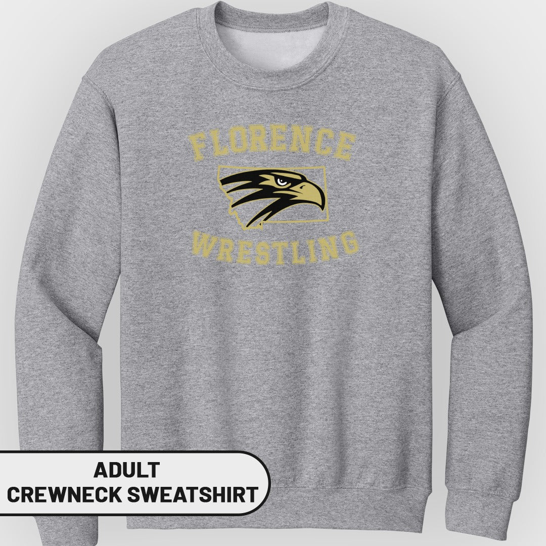Grey adult crewneck sweatshirt with "Florence Wrestling" text and an eagle logo.