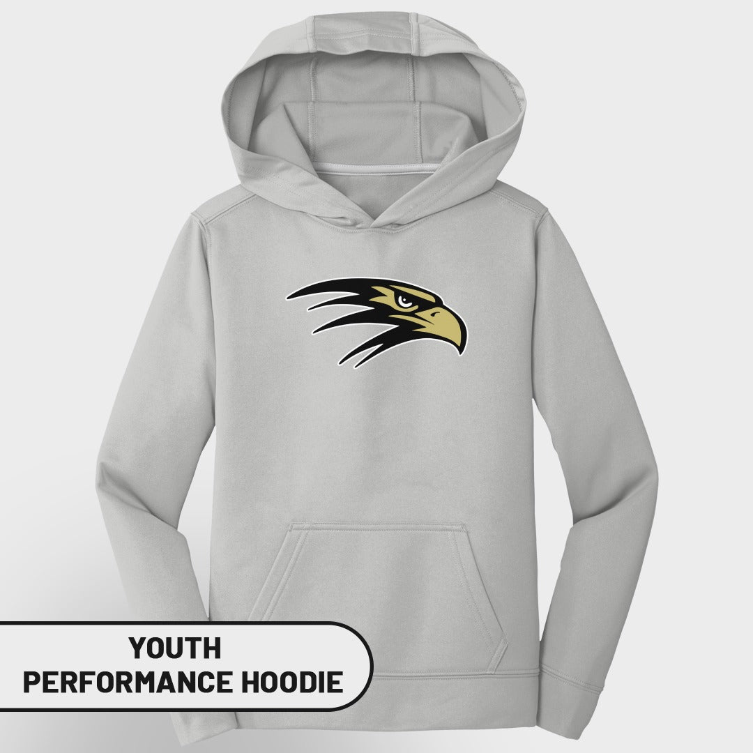 Light gray youth performance hoodie with black and gold eagle logo.