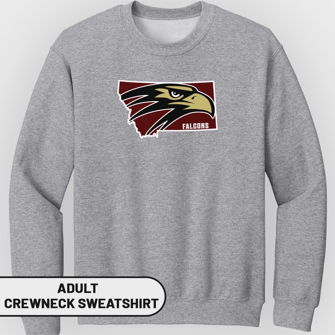 Gray adult crewneck sweatshirt with Montana state outline and "Falcons" text.