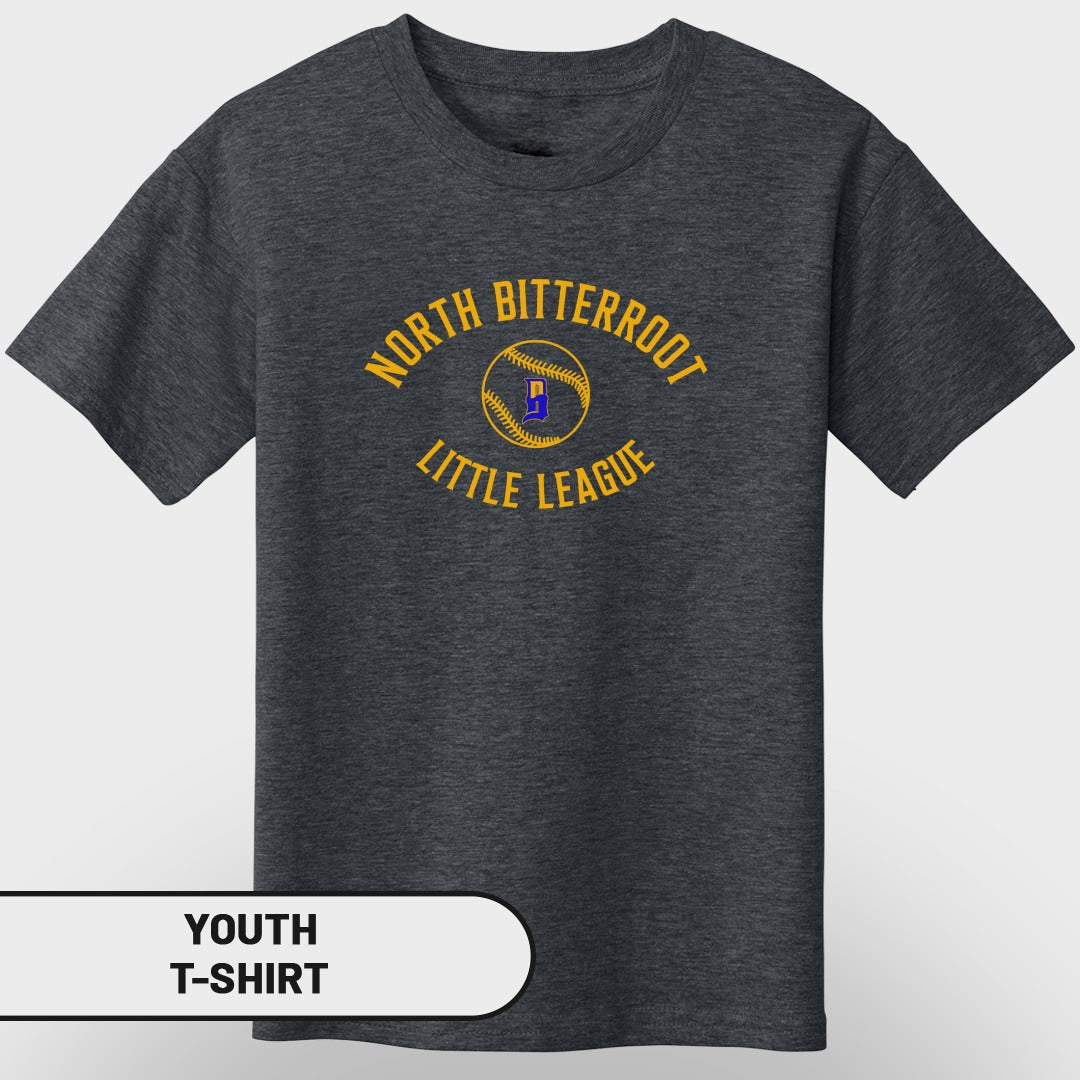 Dark t-shirt with yellow and blue "North Bitterroot Little League" text logo.