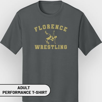 Grey adult performance t-shirt with "Florence Wrestling" and wrestling graphic.