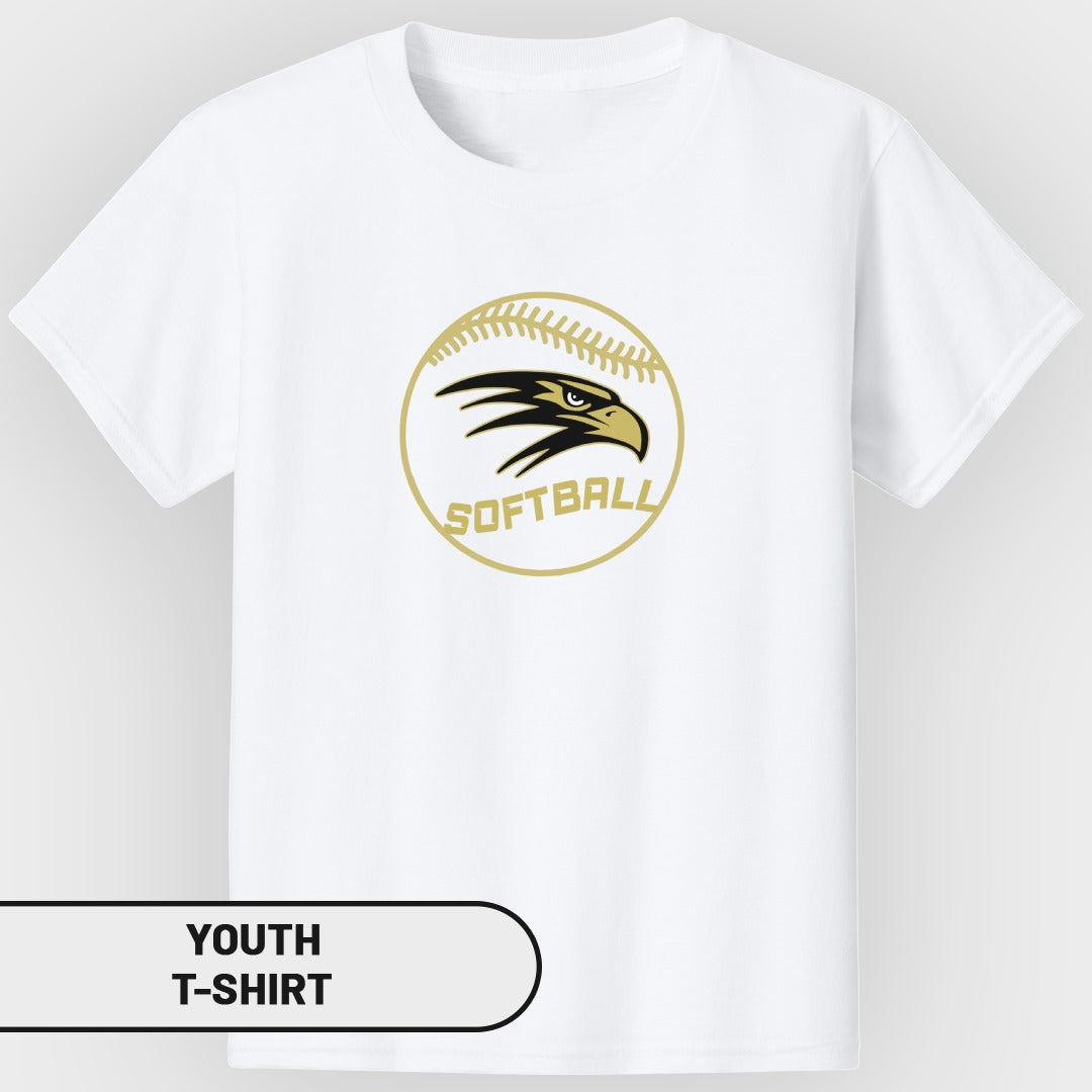 White youth t-shirt with a golden softball and eagle logo.