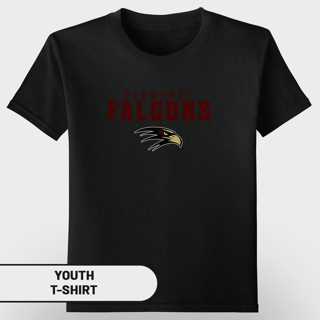 Black youth t-shirt with "Florence Falcons" text and eagle logo.