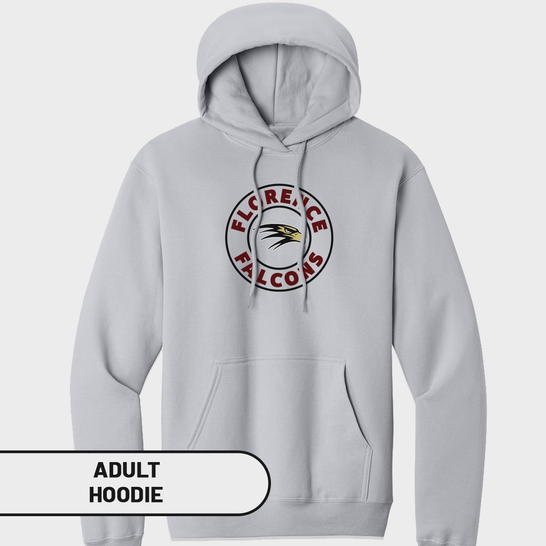 Light grey adult hoodie with Florence Falcons logo on the chest.