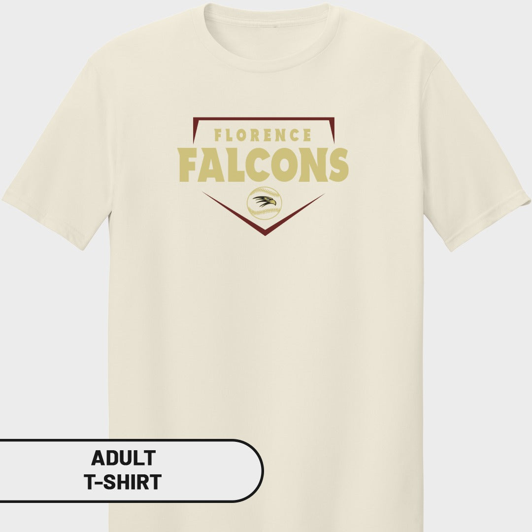 Cream t-shirt with Florence Falcons baseball logo and "Adult T-Shirt" text.