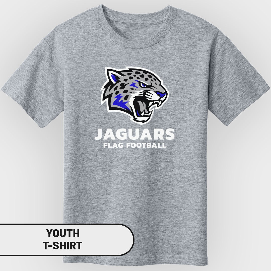 Youth gray t-shirt with a jaguar head and "JAGUARS FLAG FOOTBALL" text.