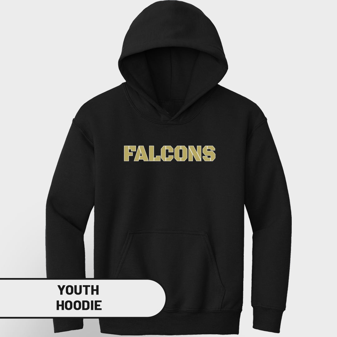 Black youth hoodie with "FALCONS" in gold lettering on the chest.