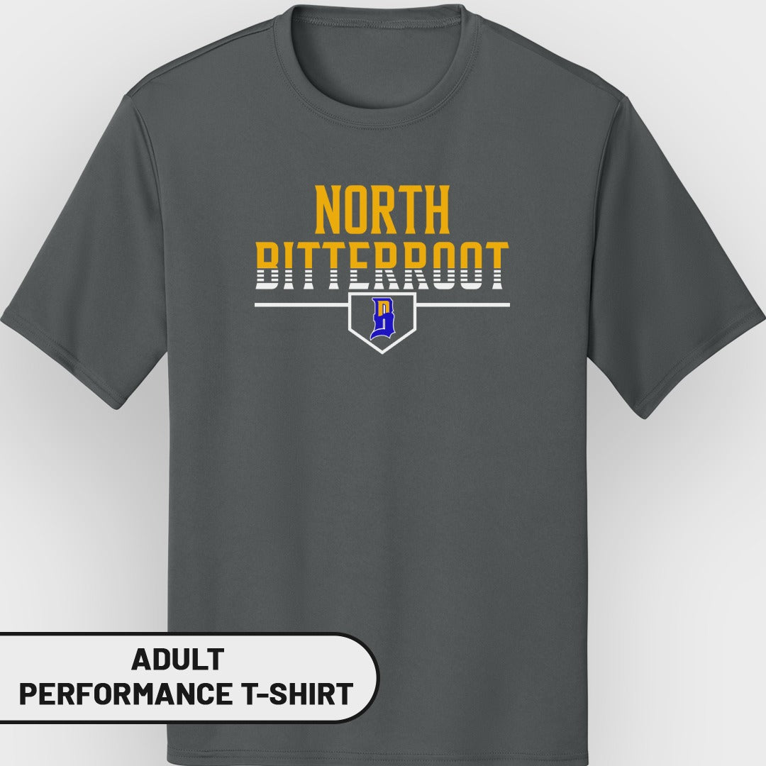 Charcoal performance t-shirt with white and yellow "NORTH BITTERROOT" text and a blue and white logo.