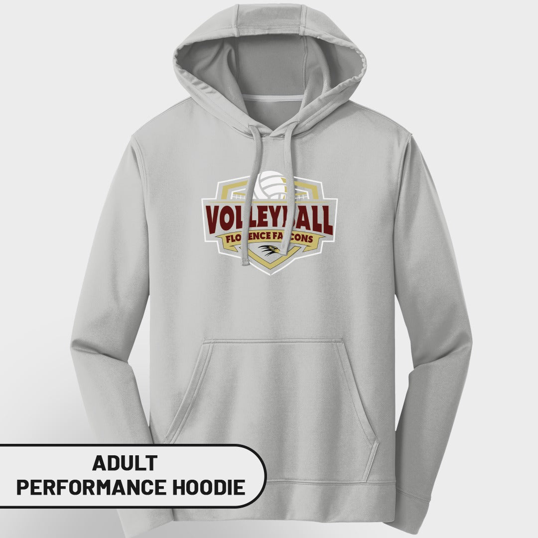 Light grey adult performance hoodie with "VOLLEYBALL FLORENCE FALCONS" graphic.