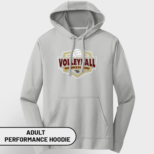 Light grey adult performance hoodie with "VOLLEYBALL FLORENCE FALCONS" graphic.