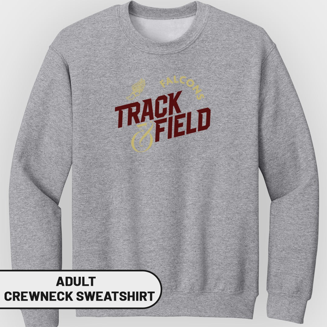 Gray adult crewneck sweatshirt with "Falcons Track Field" text and track graphic.