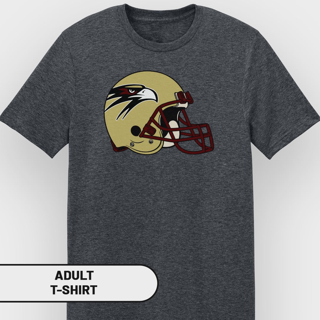 Dark grey adult t-shirt featuring a golden football helmet with an eagle design.