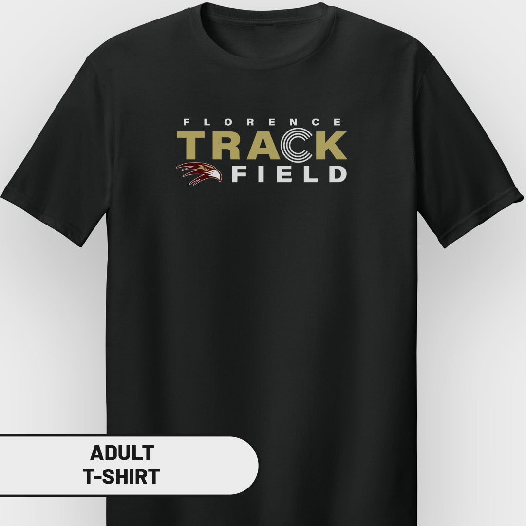 Black adult t-shirt with "Florence Track Field" text and eagle graphic.