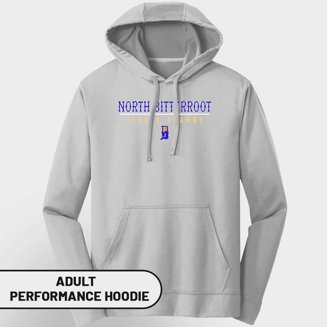 Light gray adult performance hoodie with "NORTH BITTERROOT LITTLE LEAGUE" text.