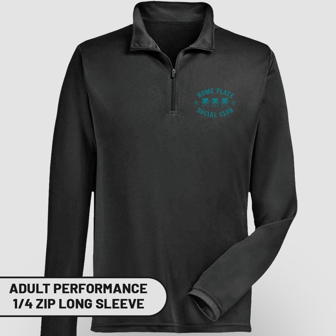 Black adult performance 1/4 zip long sleeve shirt with "Home Plate Social Club" logo.