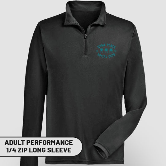 Black adult performance 1/4 zip long sleeve shirt with "Home Plate Social Club" logo.