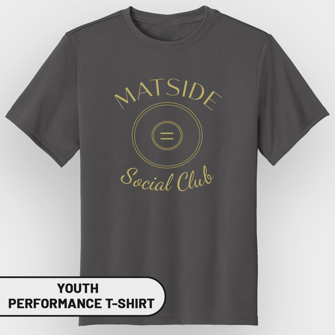 Youth performance t-shirt with gold "Matside Social Club" text and logo.