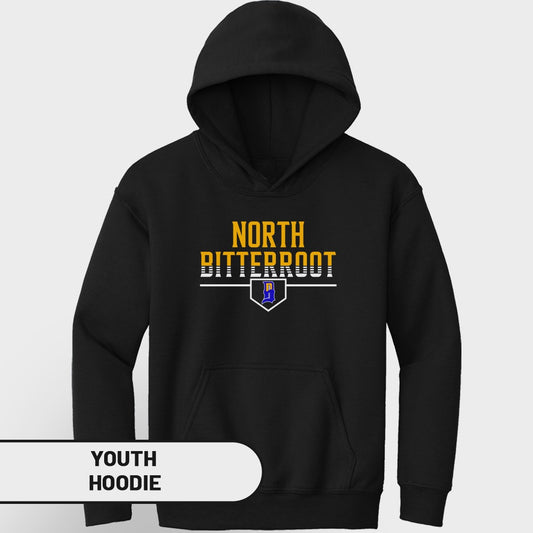 Black youth hoodie with "North Bitterroot" text and shield logo.