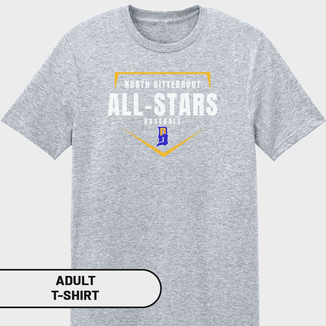 Gray adult t-shirt with "North Bitterroot All-Stars Baseball" and a blue "D" logo.
