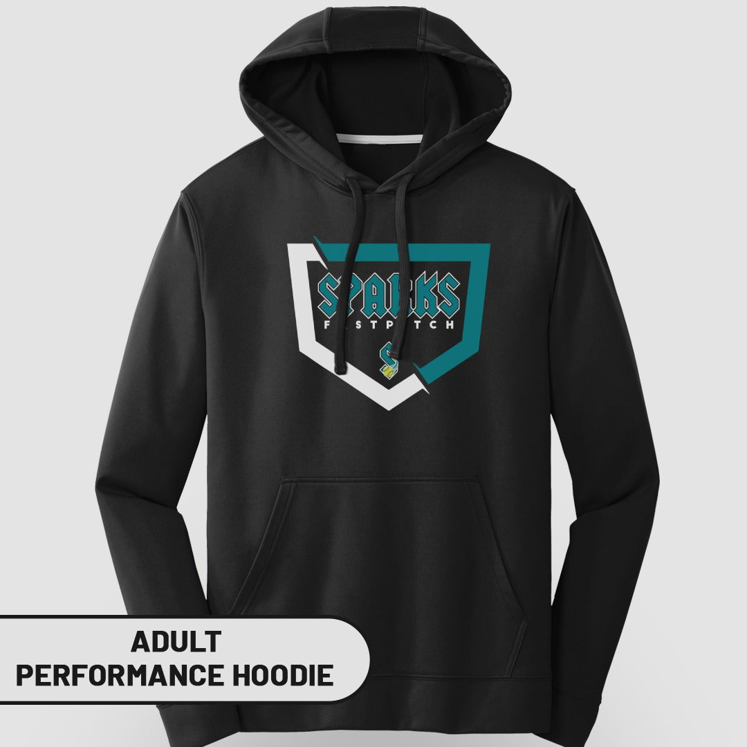 Sparks adult performance hoodie with shield logo.