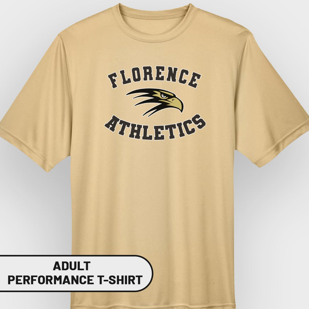 Adult performance t-shirt with "Florence Athletics" logo and eagle graphic.