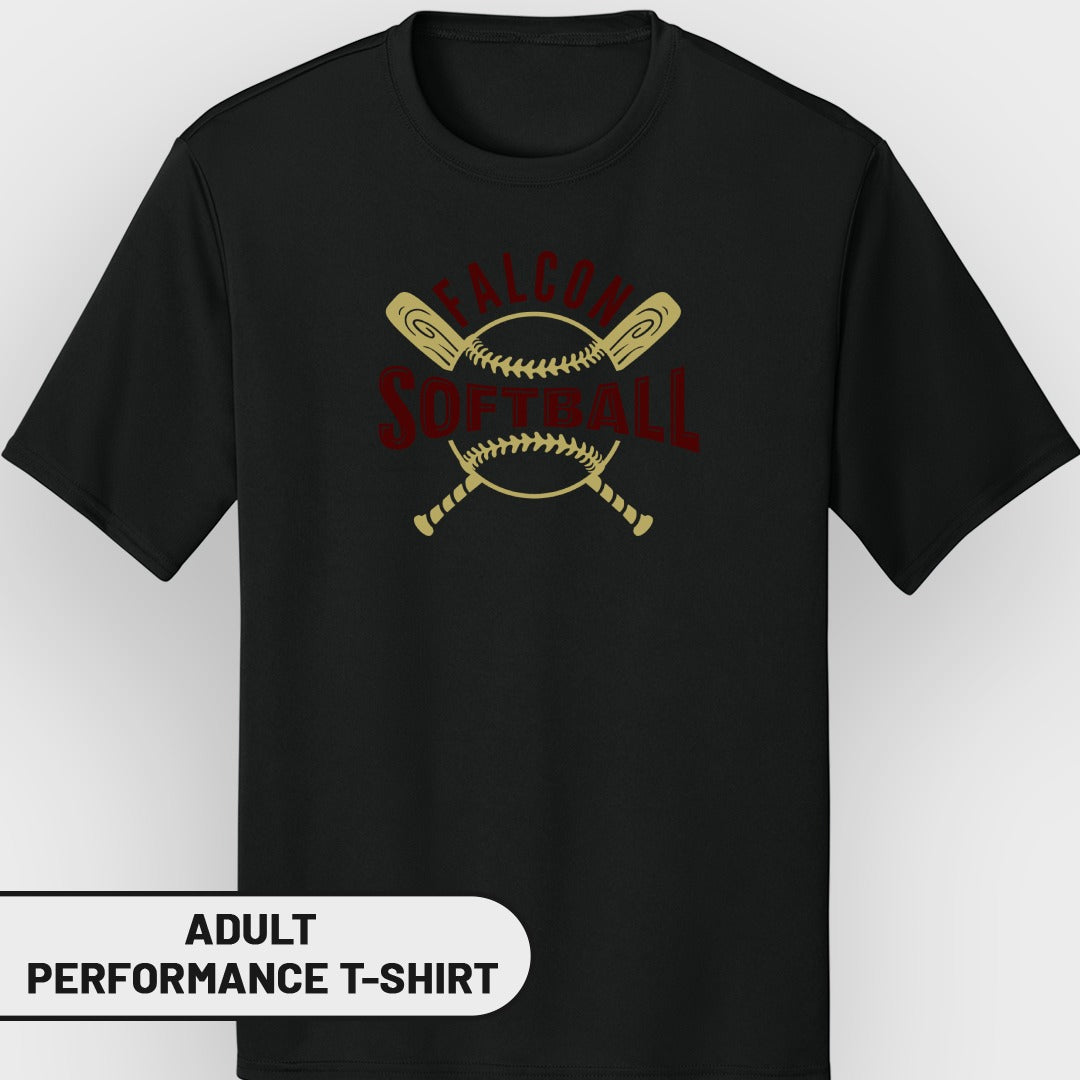 Black t-shirt with "FALCON SOFTBALL" text and crossed bats.