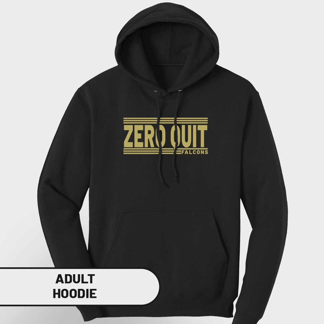 Black adult hoodie with gold "ZERO QUIT FALCONS" text on the chest.