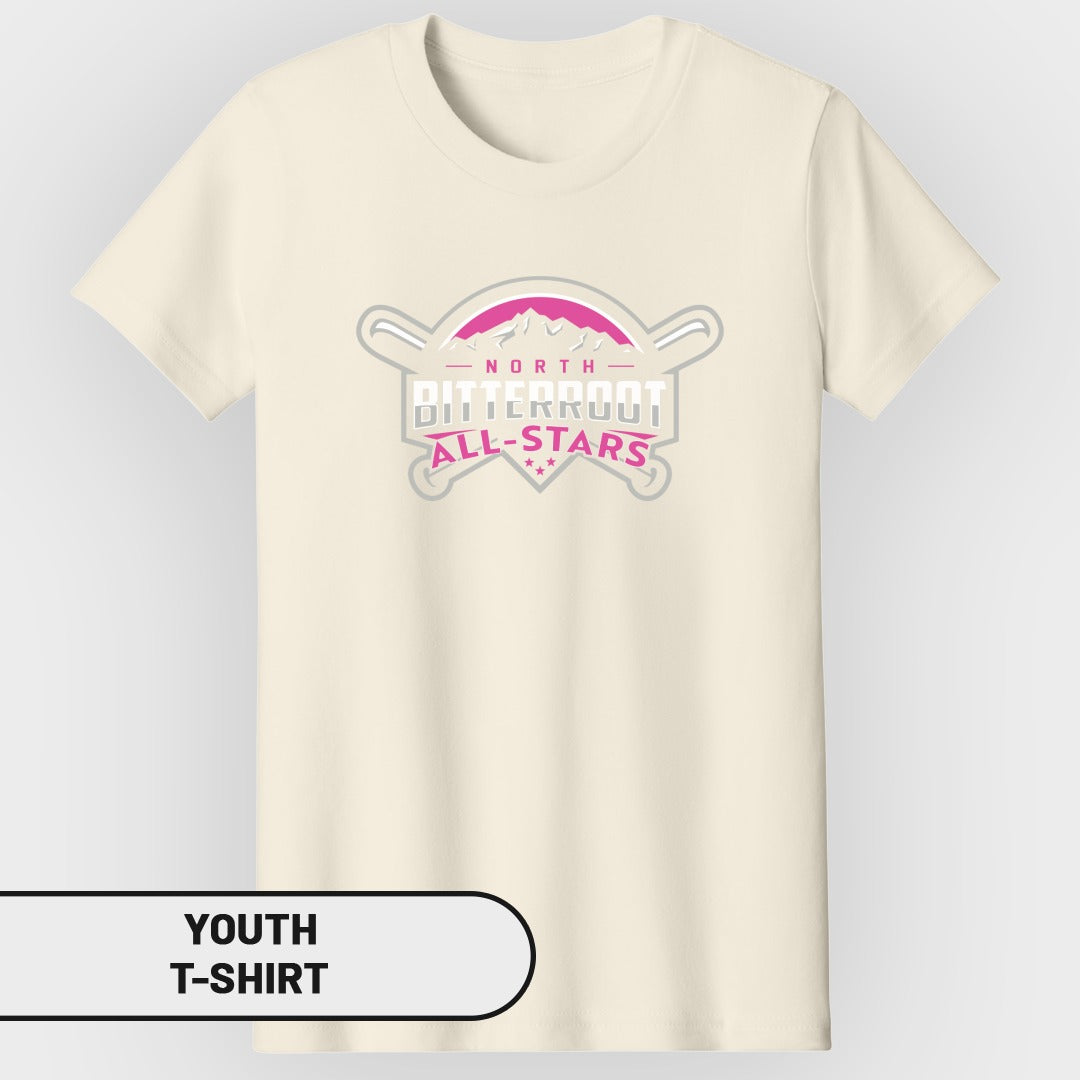 Youth t-shirt with North Bitterroot All-Stars baseball logo.