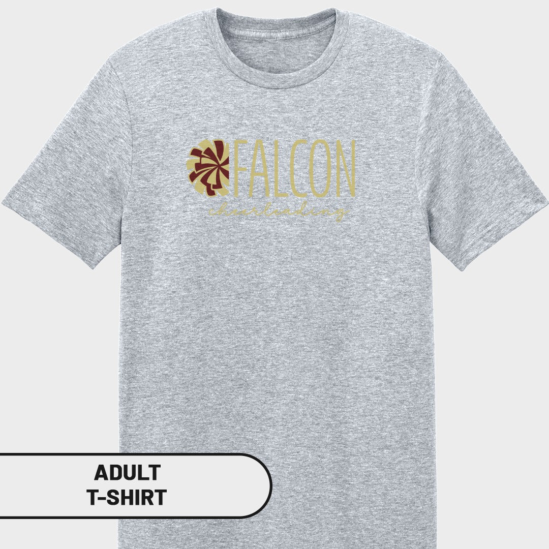 Grey adult t-shirt with "FALCON" and a pom-pom graphic.