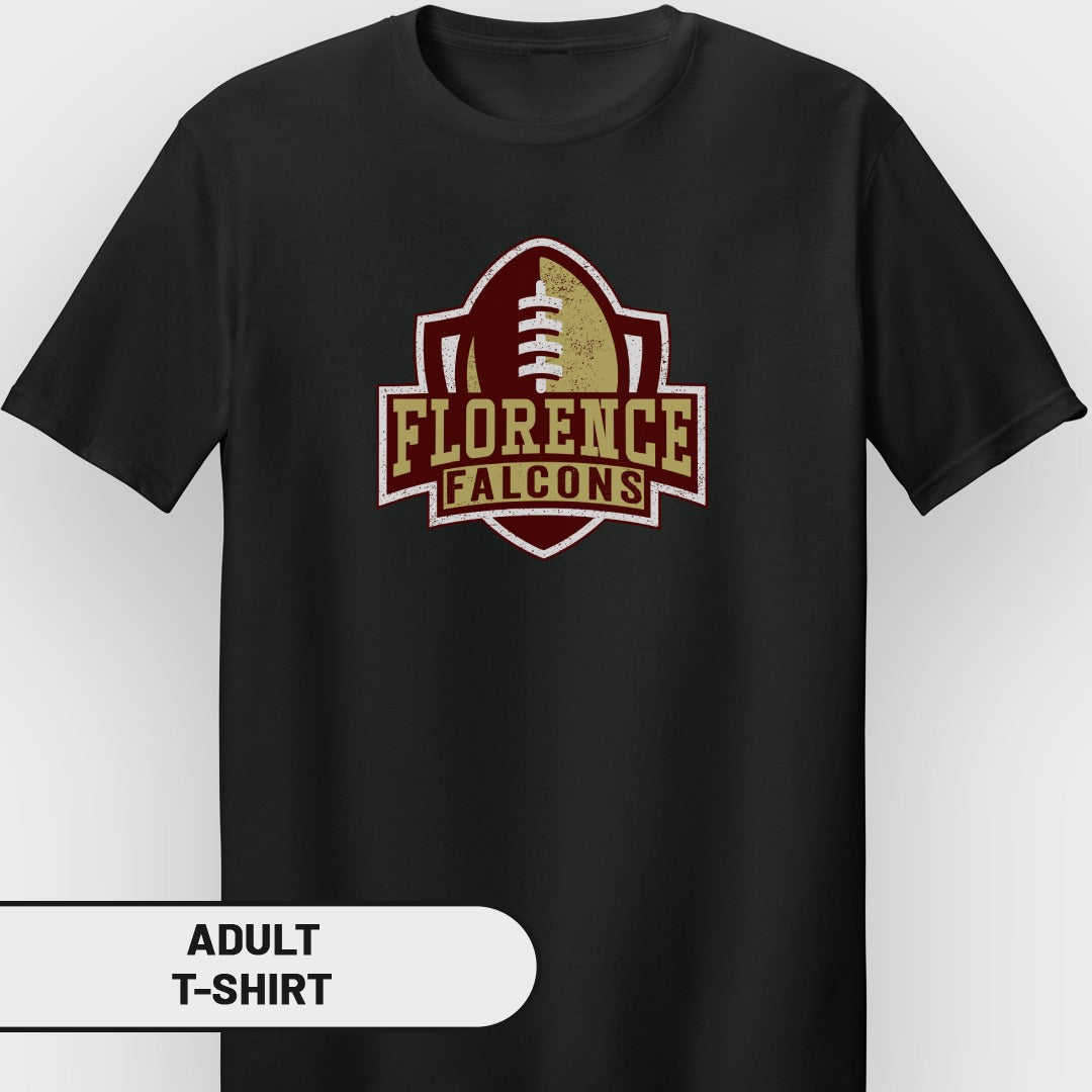 Black adult t-shirt with "Florence Falcons" football team logo.