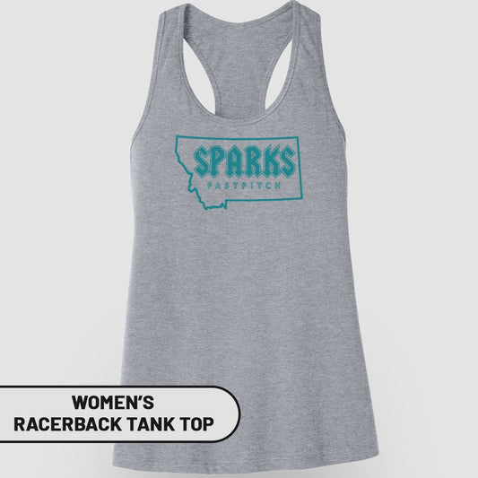 Grey women's racerback tank top with "Sparks Fastpitch" Montana graphic.