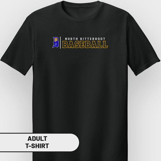 Black t-shirt with "NORTH BITTERROOT BASEBALL" text and logo.
