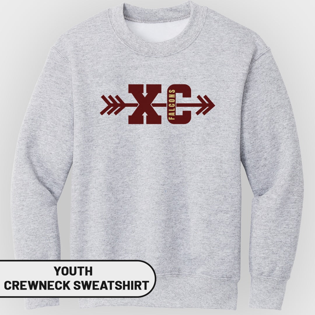 Light grey youth crewneck sweatshirt with maroon "XC" and "FALCONS" text with arrows.
