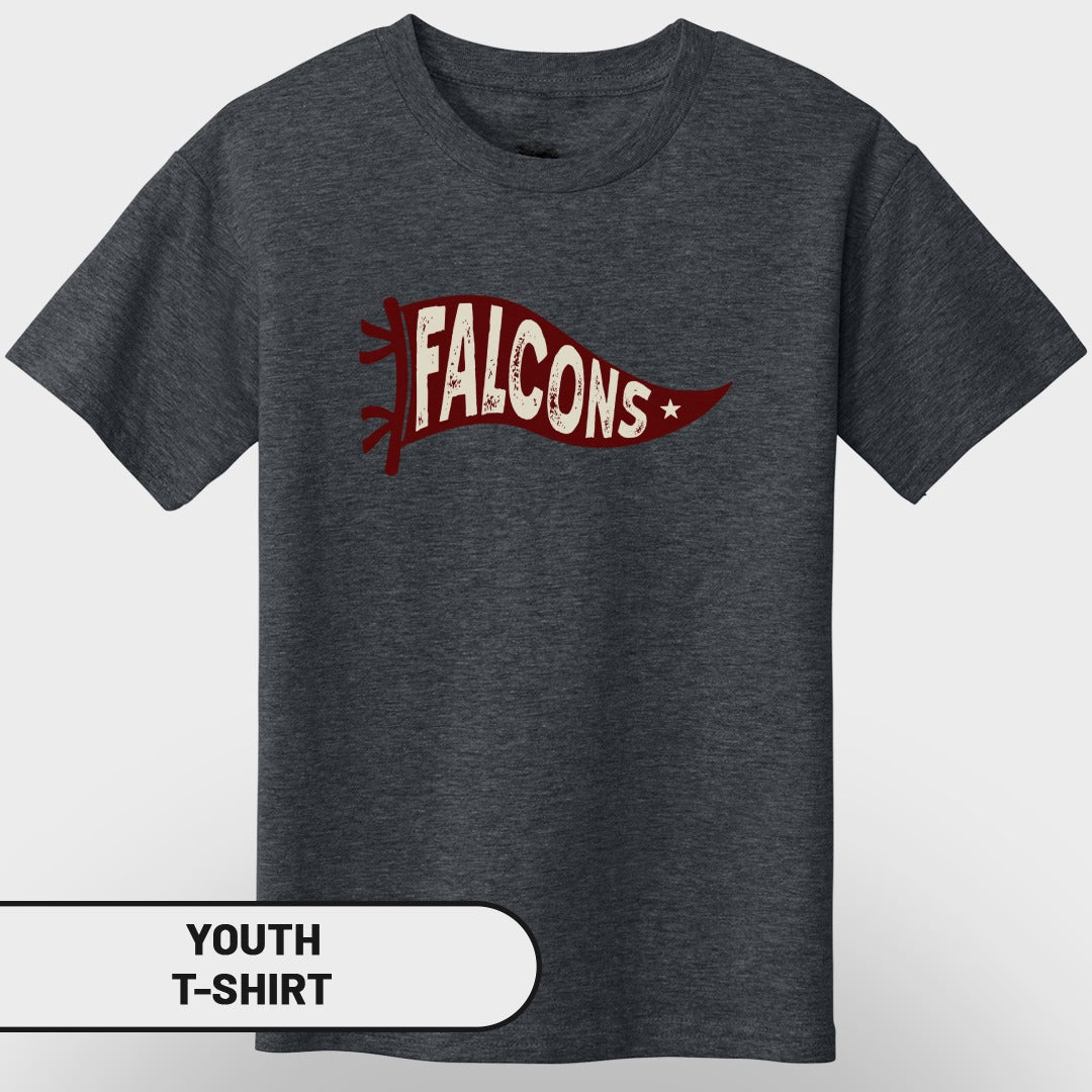 Dark grey youth t-shirt with a vintage distressed "FALCONS" banner graphic.