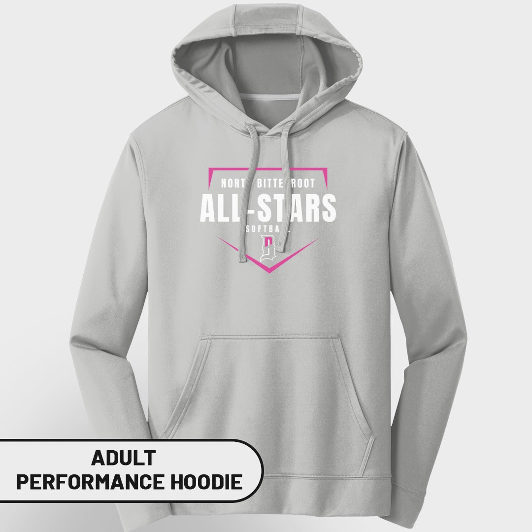 Grey adult performance hoodie with "North Bitteroot All-Stars Softball" text.