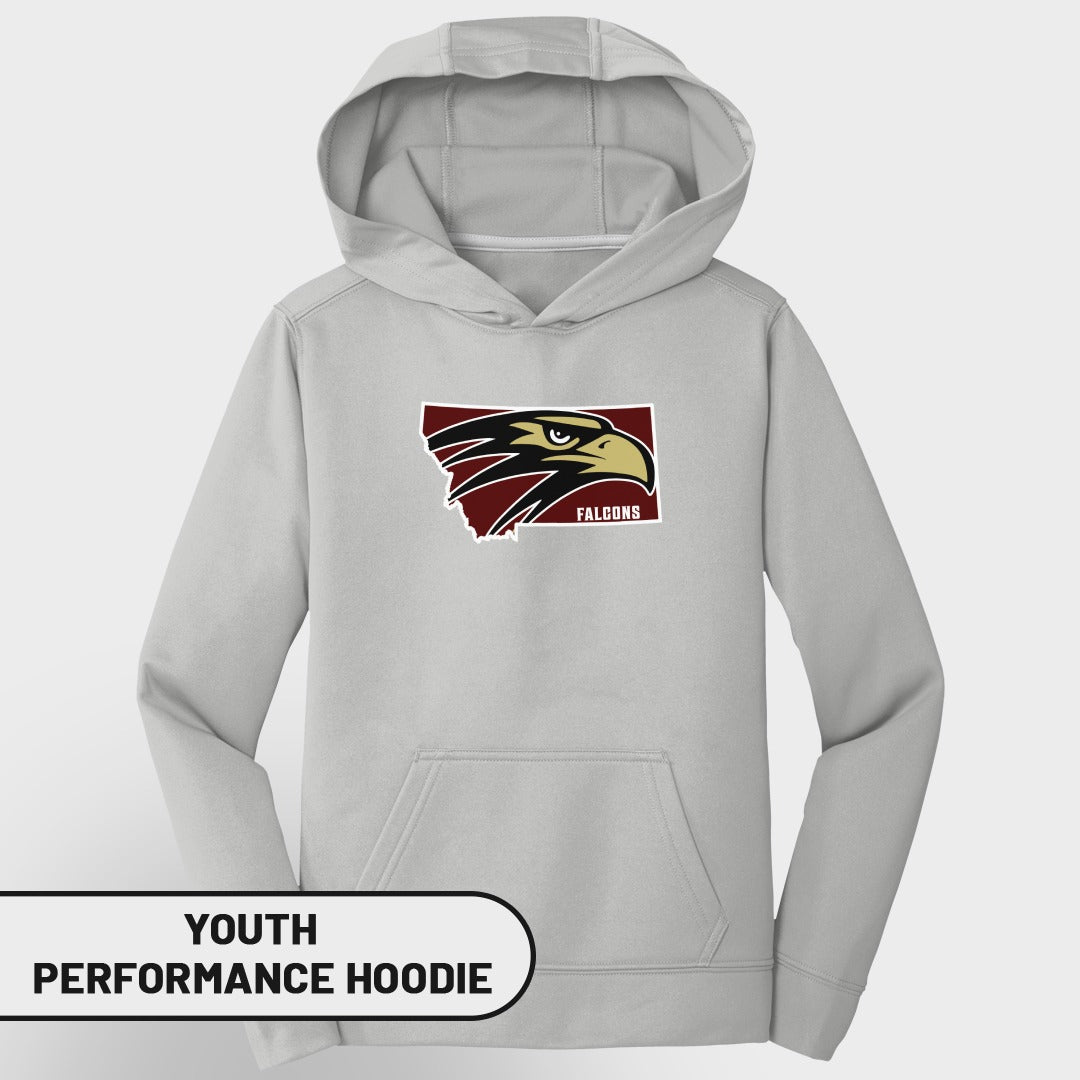Light grey youth performance hoodie with Montana state outline and falcon logo.
