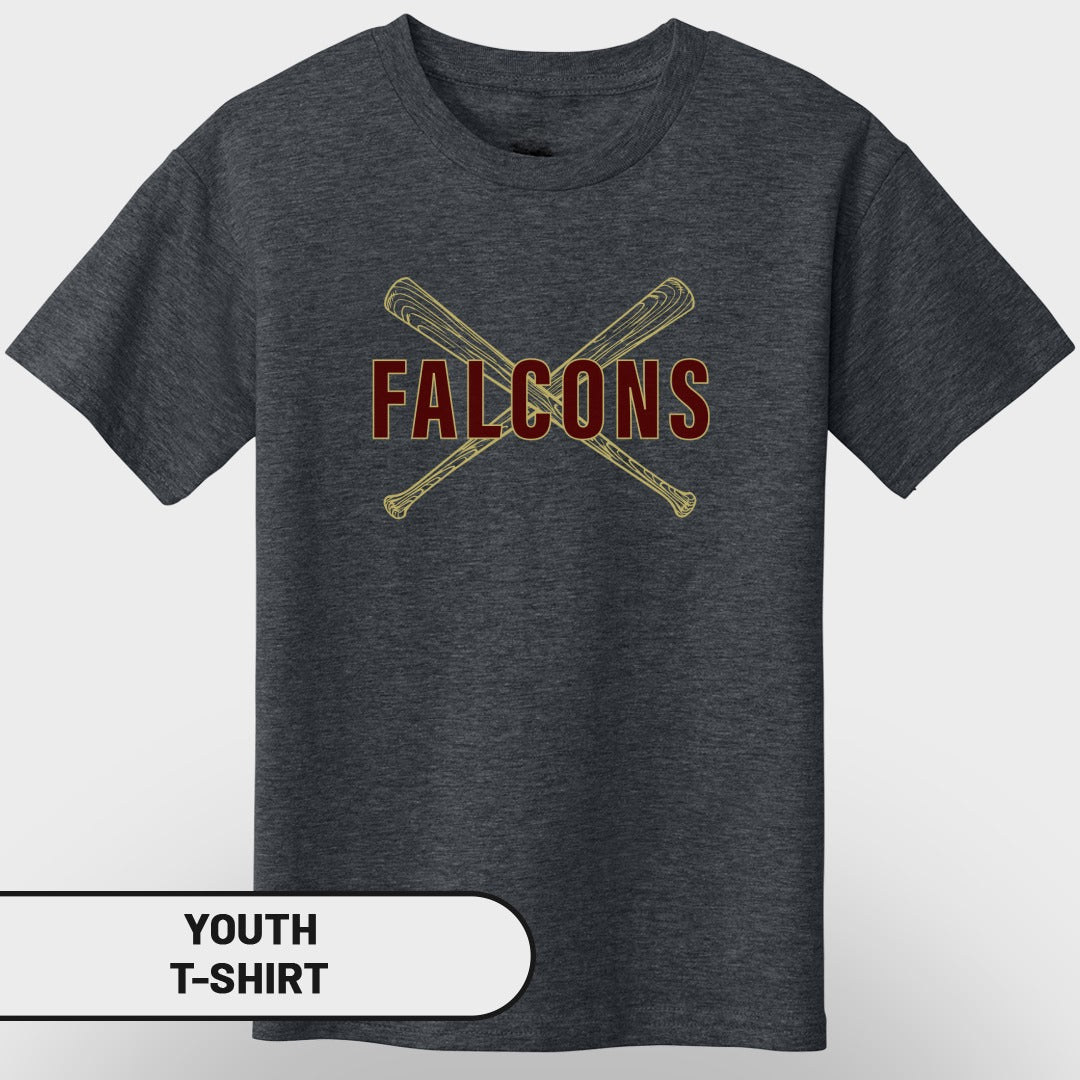 Youth dark grey t-shirt with "FALCONS" and crossed baseball bats graphic.