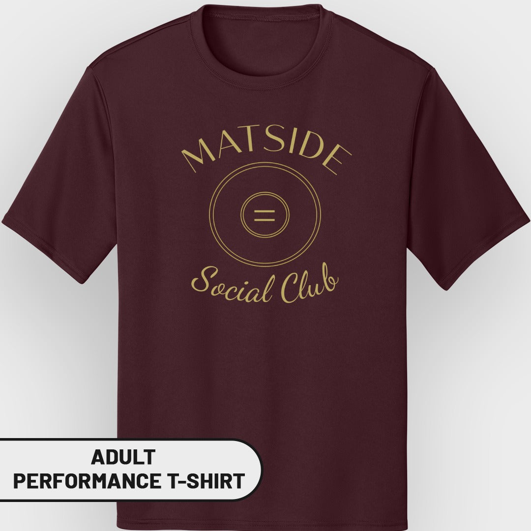 Maroon t-shirt with gold "MATSIDE Social Club" text and wrestling mat graphic.