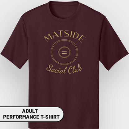 Maroon t-shirt with gold "MATSIDE Social Club" text and wrestling mat graphic.